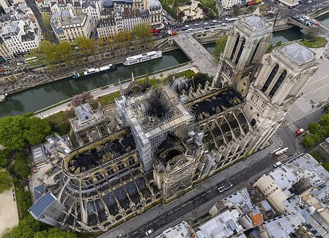An aerial shot of the fire damage to Notre Dame cathedral in Paris. (File Photo | AP)