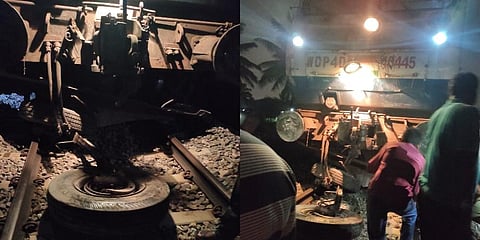 Wheels of the lorry which was smashed in the collision with Mysuru Mayiladathurai Express between Karmelaram and Heelalige railway stations in Bengaluru Division (Photo | EPS)