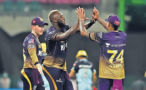Andre Russell (C) celebrates after dismissing Mohammed Siraj | SPORTZPICS