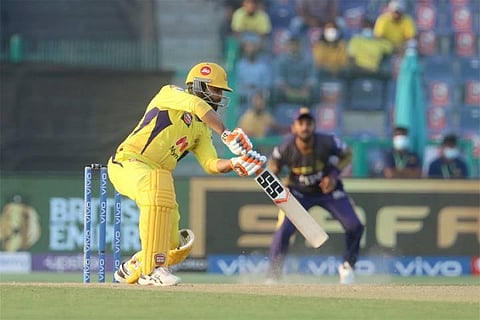 Ravindra Jadeja of Chennai Super Kings plays a shot during match 38 of the Indian Premier League between the Chennai Super Kings and the Kolkata Knight Riders. (Photo | PTI)