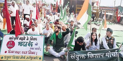 Farmers block a road during the Bharat Bandh at Ghazipur border. (Photo | Parveen Negi, EPS)
