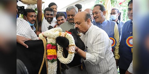 Chief Minister Basavaraj Bommai at the inauguration of a Karnataka Milk Federation programme in Bengaluru. (Photo | Nagaraja Gadekal, EPS)