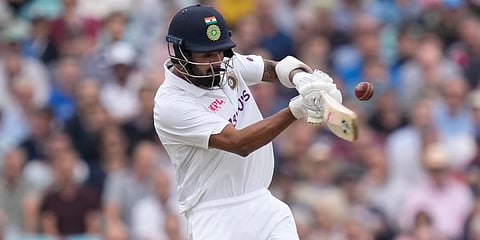 India's KL Rahul plays a shot off the bowling of England's Chris Woakes on day three of the fourth Test match at The Oval cricket ground in London. (Photo | AP)