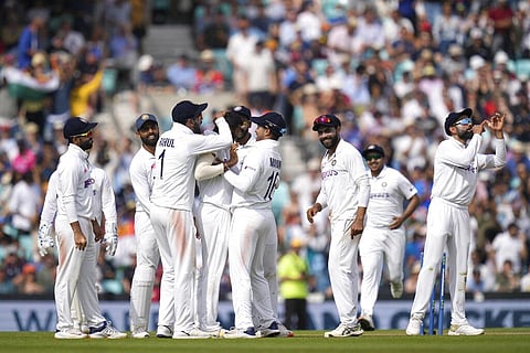 India players celebrate taking the wicket of England's Jonny Bairstow on day five of the fourth Test match at The Oval cricket ground in London, Monday, Sept. 6, 2021. (Photo | AP)