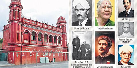 Raja Sir Savalai Ramaswami Mudaliar Choultry (L) and renowned Mudaliars (R)