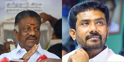 AIADMK Coordinator O Panneerselvam, left, and his son, Theni MP P Raveendranath