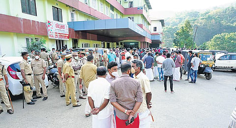 CPM members gather in front of Idukki Medical College Hospital where murdered SFI activist Dheeraj’s body is kept