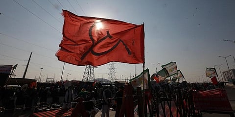 FILE - Flag of All India Kisan Sangh AIKS placed at Ghazipur border during farmers' protest against the new farm laws in New Delhi. (Photo | Shekhar Yadav, EPS)