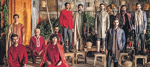 Models clad in ensembles from Tasva at The Brijrama Palace Heritage Hotel.