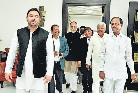 Telangana Chief Minister K Chandrasekhar Rao receives RJD chief and former Bihar Chief Minister Lalu Prasad Yadav’s son Tejashwi Yadav at Pragathi Bhavan in Hyderabad on Tuesday, Jan 12, 2022.