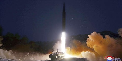 This photo provided by the North Korean government shows what it says a test launch of a hypersonic missile on Jan. 11, 2022 in North Korea.(Photo | AP)