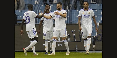 Real Madrid's players celebrate after a goal during the Spanish Super Cup semi final soccer match between Barcelona and Real Madrid at King Fahd stadium in Riyadh, Saudi Arabia, Wednesday.(Photo | AP)