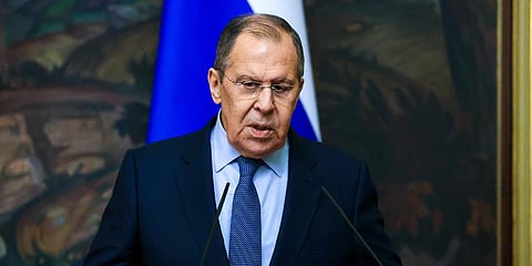 Russian Foreign Minister Sergey Lavrov speaks during a joint news conference with and German Foreign Minister Annalena Baerbock following their talks in Moscow, Russia, Jan. 18, 2022. (Photo | AP)
