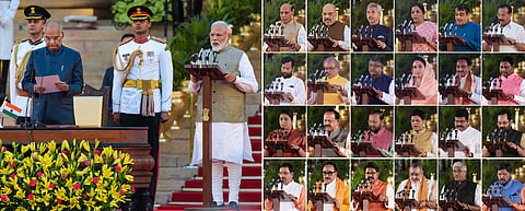 President Ram Nath Kovind administering oath of office and secrecy to PM Narendra Modi and his Cabinet ministers in New Delhi. (File photo| PTI)