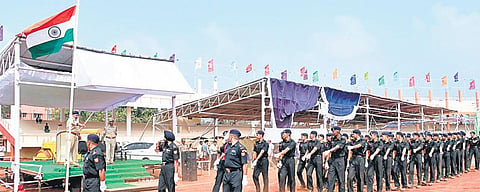 Police personnel rehearsing for the Republic Day parade at IGMC Stadium in Vijayawada (Photo| Express)