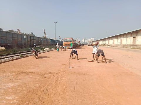 Newly laid concrete road at an unloading line of Satellite Goods Terminal in Whitefield will boost the handling capacity of commodities here. (Photo | Express)