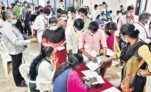 Students with physical disabilities queue up during the counselling for MBBS admissions, which began at the Omandurar Government Multi Super Speciality Hospital in Chennai on Thursday | P Jawahar