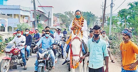 Srikant Sahoo campaigning on horseback in Sanagaria panchayat | Express