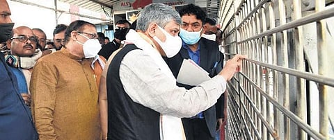 Vaishnaw at the foot-overbridge in Cuttack railway station on Friday. (Photo | Express)