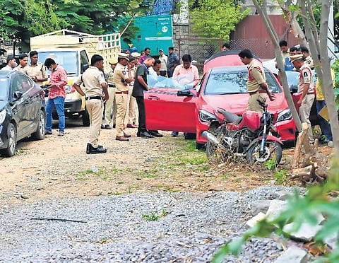 File photo of clues team collects samples and examines the Mercedes at the Jubilee Hills police station in Hyderabad