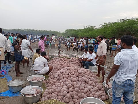 Preparation of Rice balls under way for the Ellai Pidari Amman Temple festival in Kamuthi