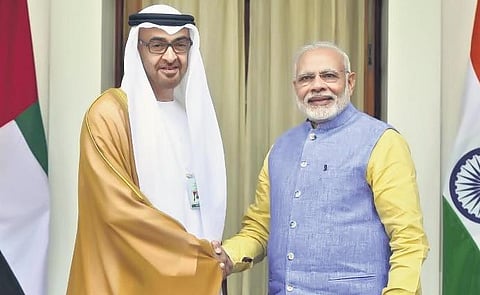 PM Narendra Modi with Crown Prince of Abu Dhabi Sheikh Mohammed Bin Zayed. (Photo| PTI)