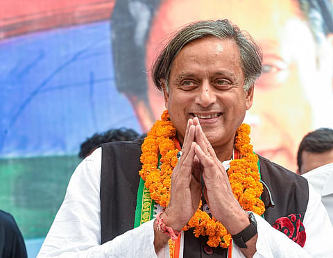 Senior Congress leader Shashi Tharoor addresses a press conference after filing his nomination papers for the post of party President, in New Delhi. (Photo | PTI)