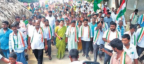 Congress candidate for Munugode Assembly constituency Palvai Sravanthi campaigns in Samstan Narayanapuram mandal on Thursday