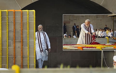 Prime Minister Narendra Modi pays homage to Mahatma Gandhi on the occasion of his birth anniversary, at Rajghat in New Delhi. (File Photo | PTI)