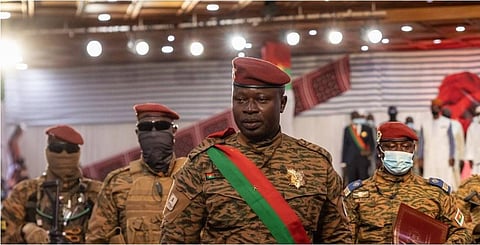 Lieutenant-Colonel Paul-Henri Sandaogo Damiba, President of Burkina Faso, arrives to his inauguration ceremony as President of Transition, in Ouagadougou. (Photo | AFP)