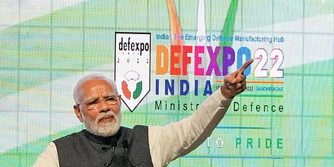 Prime Minister Narendra Modi addresses during the inauguration of DefExpo 22, in Gandhinagar. (Photo | PTI)