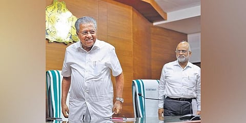 Chief Minister Pinarayi Vijayan leaves after a press meet at the Secretariat on October 18, 2022. (Photo | B P Deepu, EPS)