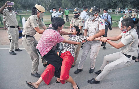 In this representational image, AISA members being detained by police during their protest over the death of Hathras gang rape victim at Rajpath in New Delhi. (File Photo | Parveen Negi, EPS)
