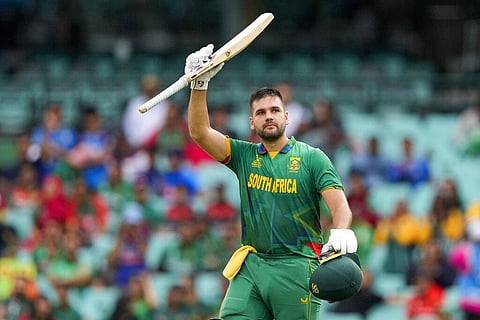 South Africa's Rilee Rossouw celebrates after scoring a century during the T20 World Cup cricket match between South Africa and Bangladesh in Sydney, Australia. (Photo | AP)