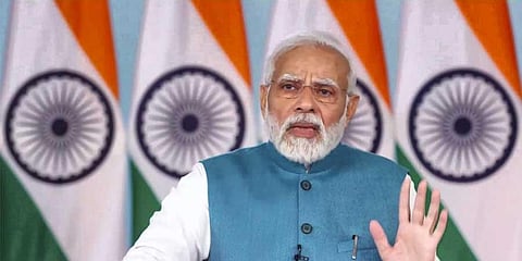 Prime Minister Narendra Modi addresses 'Chintan Shivir' of Home Ministers of states in Surajkund, via video conferencing, in New Delhi, Friday, Oct. 28, 2022. (PTI)