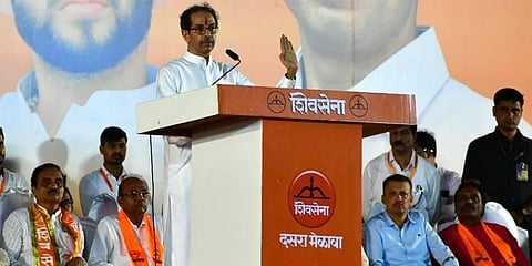 hivsena Chief Uddhav Thackeray addresses the party's Dussehra rally at Dadar, in Mumbai. (Photo | PTI)
