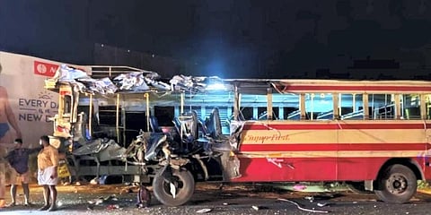 Wreckage of a bus after a collision between a private tourist bus and a Kerala State Road Transport Corporation (KSRTC) bus late on Wednesday night, at Vadakkenchery in Palakkad.(Photo | PTI)