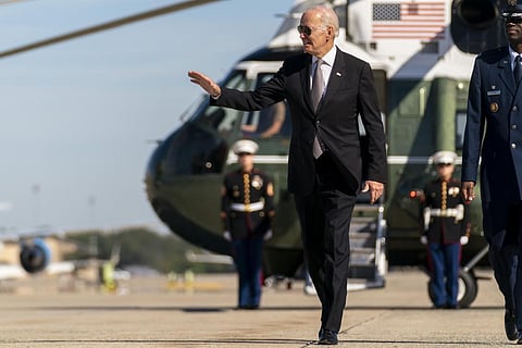 President Joe Biden boards Air Force One at Andrews Air Force Base, Md., Thursday, Oct. 6, 2022, to travel to Poughkeepsie, N.Y. (Photo | AP)