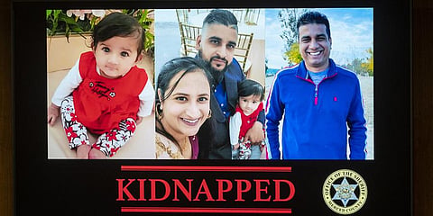 Images are displayed of the Indian-Origin family who was kidnapped at a news conference in Merced, California. (Photo | AP)