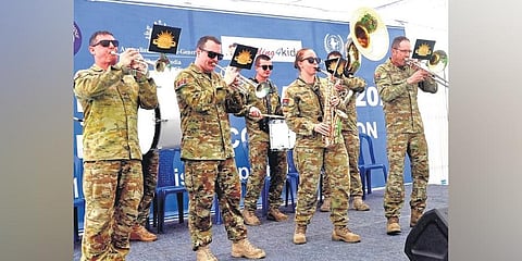 Australian Defence Force (ADF) band performing as part of an awareness raising event on the importance of marine ecology partnerships between Australia and India at RK Beach in Visakhapatnam on Monday
