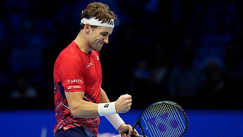 Norway's Casper Ruud reacts after winning a point against Canada's Felix Auger-Aliassime during their singles tennis match of the ATP World Tour Finals, Sunday, Nov. 13, 2022. (Photo | AP)