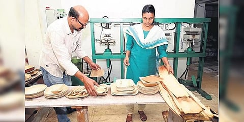 Kuriakose K Mathew and Shybi Mathew preparing products from areca palm leaf at Meenadom in Kottayam | Vishnu Prathap