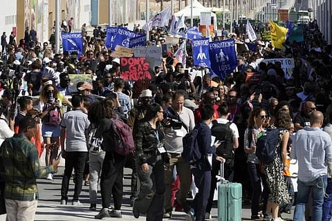 Demonstrators participate in a protest at the COP27 U.N. Climate Summit, Saturday, Nov. 12, 2022, in Sharm el-Sheikh, Egypt. (Photo | AP)