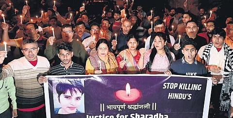 People participate in a candlelight march to protest against the murder of Shraddha Walker’s at Vasant Kunj on Thursday. (Photo | Shekhar Yadav, EPS)