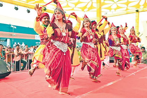 Tribal troupes from various Indian states and 10 countries showcase their skills on Tuesday, the inaugural day of the three-day National Tribal Dance Festival in Raipur