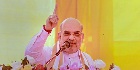 Union Home Minister Amit Shah addresses a public rally ahead of upcoming Gujarat Assembly elections. (Photo | PTI)