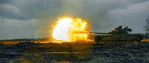 Ukrainian army fires a captured Russian tank T-80 at the Russian position in Donetsk region, Ukraine, Nov. 22, 2022. (Photo | AP)