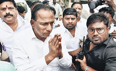 Minister Malla Reddy speaks to the media after visiting his son in hospital in Hyderabad on Wednesday | Vinay Madapu