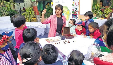 Images from Bookaroo Delhi 2021 of session by (above) arts-based therapist Timira G and (inset) writer and illustrator Tansy Troy.