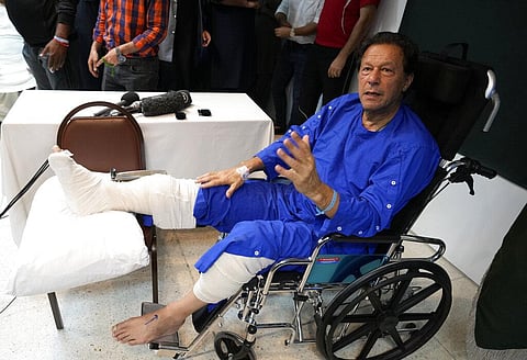 Imran Khan speaks during a news conference in Lahore’s Shaukat Khanum hospital, where he was treated for gunshot wounds from the assassination bid, Nov. 4, 2022. (Photo | AP)